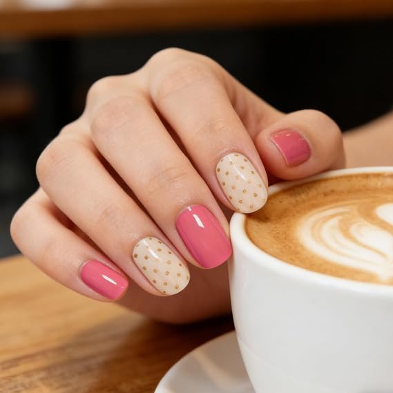 Pink & Gold Polka Dot Semi Cured Gel Nail Strips 20 Pcs