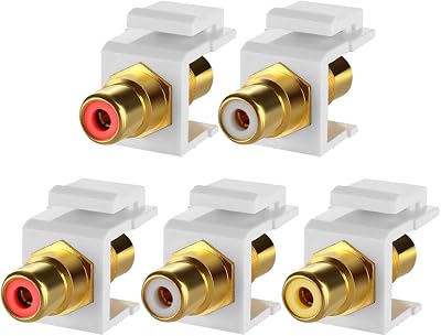TENINYU 5-Pack RCA Keystone Jack Insert Connector Socket Female Snap in Adapter Port Gold Plated Inline Coupler for Wall Plate Outlet Panel Mount White