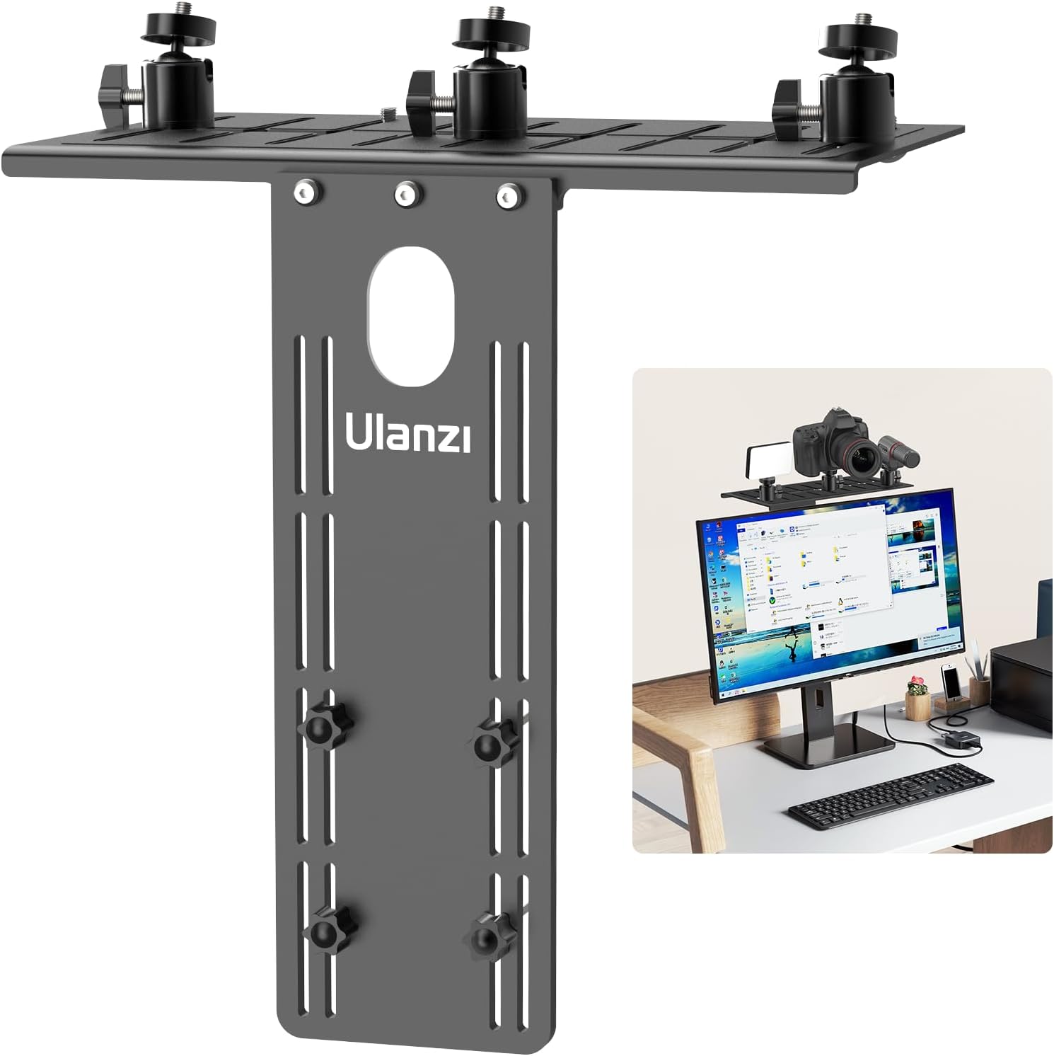 ULANZI LS16 VESA Camera Mount DSLR Monitor Top Shelf, Aluminum Camera Monitor Display Mount for Camera Desk Mount, Auxiliary Multi Mount Shelf for DSLRLightWebcamMic, Come with 3 Ballhead