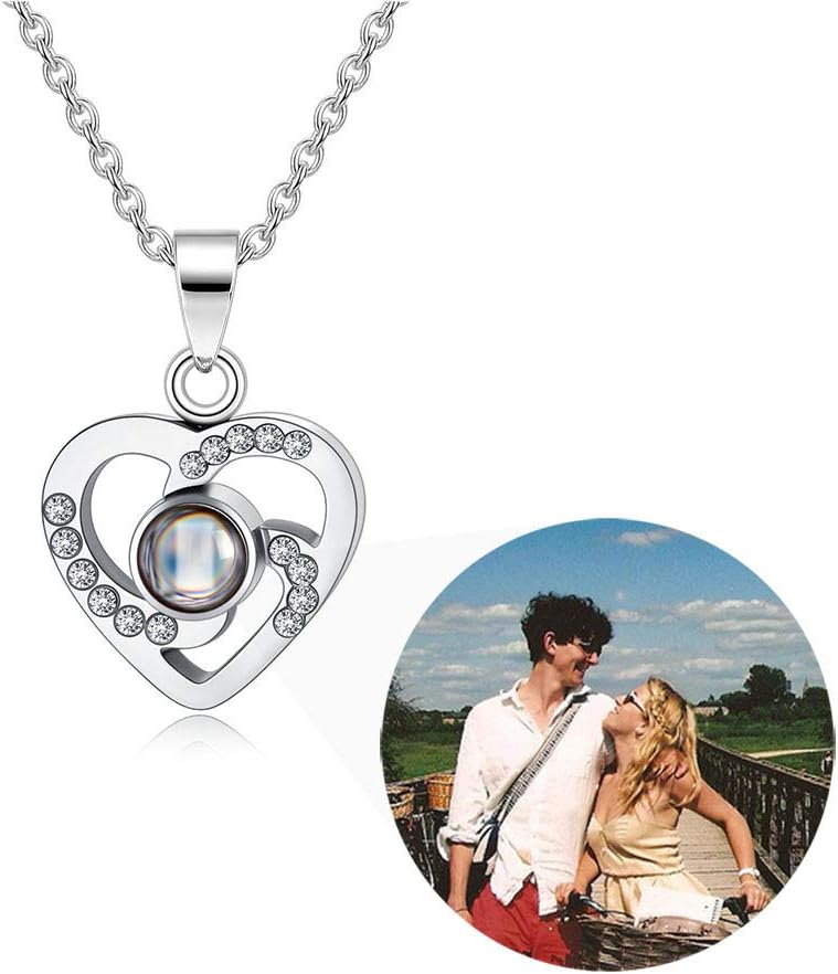 Personalized Picture Projection Necklace for Women - Custom Photo Love Heart Pendant - Customized Portrait Jewelry - Birthday Anniversary Memorial Gifts for Her