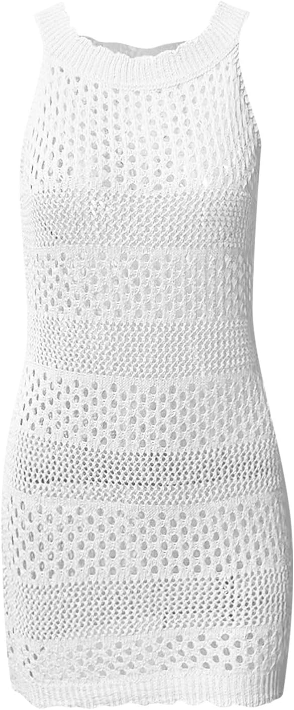 Swimsuit Coverup for Women Sexy Sleeveless Crochet Hollow Out Beach Cover Up Dress Casual Bikini Cover Up Dress