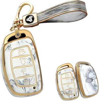 HIBEYO 4 Button Key Fob Cover for Hyundai Tucson Sonata Fe Creta Mistra Elantra Ioniq Venue IX35 I10 I20 I30 I40 Solaris Kona Santa Fe Accessories with Keychain Marble Texture-A Keychain Gray
