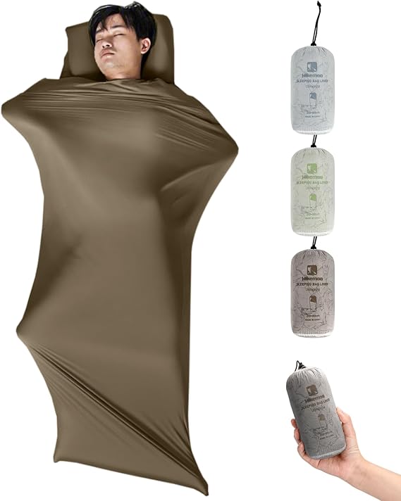 HIKEMAN Sleeping Bag Liner High Elasticity Travel Sheet with Side Zipper Lightweight Soft and Portable for Camping Traveling Hotels Business Backpacking Hiking Both Men and Women (Brown)