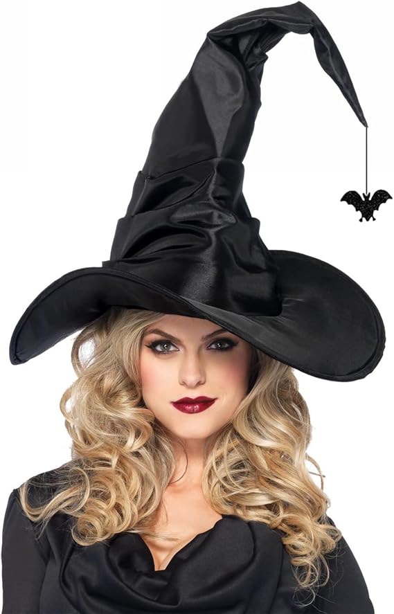 Halloween Witch Hats for Women with Bat, Black Witch Hat Wide Brim Pointed Wizard Hat for Halloween Cosplay Witch