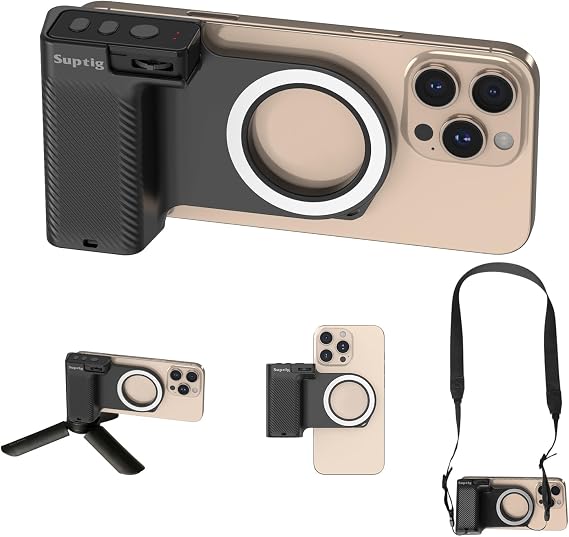 Suptig Fun Shot Magnetic Phone Camera Grip DSLR Style Shutter Grip Compatible for iPhone & Android with Detachable Wireless Shutter Button, Features a Built-in 1/4" Screw, Shoulder Strap Mount.