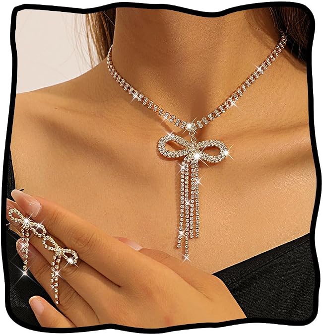 JEAIRTS Rhinestone Bow Jewelry Set Sparkly Bowknot Necklace and Earrings Crystal Prom Jewelry Sets for Women