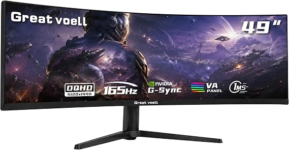 Great voell 49 Inch Ultrawide Curved Gaming Monitor, 5K 32:9 DQHD, 165Hz | 5120x1440 DQHD Super Ultrawide Display, HDR400, 127% sRGB, 1ms G-Sync & FreeSync, 1500R Curved VA Panel, PIP/PBP, VESA