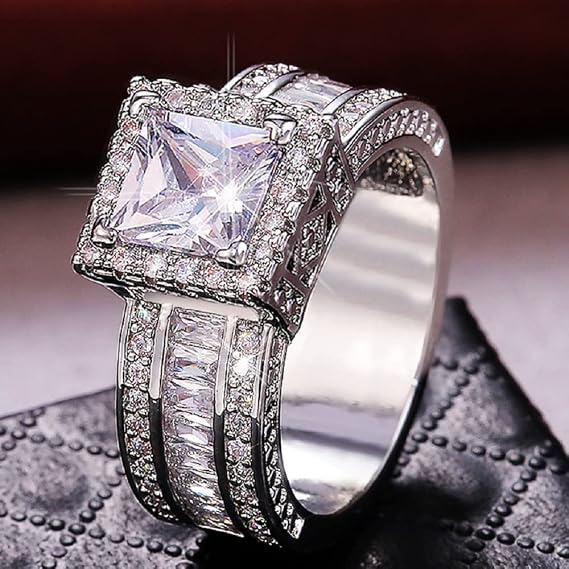 925 Silver Luxury Flash Diamond Wedding Ring Cubic Square Cut Zircon Ring Eternal Love Wedding Engagement Jewelry Women'S Cocktail Jewelry Ring (S)