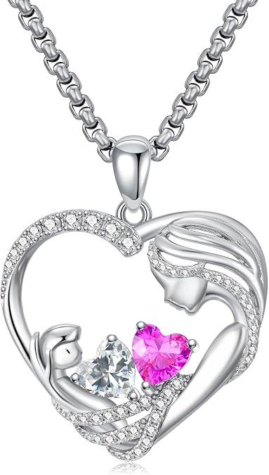 Mother Daughter Necklace Double Birthstone Pendant Birthday Gifts for Mom