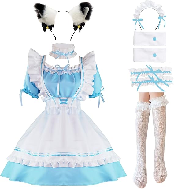 Maid Outfit Anime Cosplay Lolita Maid Dress French Maid Costume Plush cat ear Socks set
