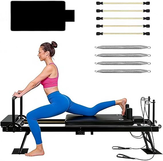 Pilates Reformer Machine, Foldable Reformer Pilates, with Jump Board and Dual Resistance, 4 Springs and 5 Cords, for Core Training & Arm Toning,001 