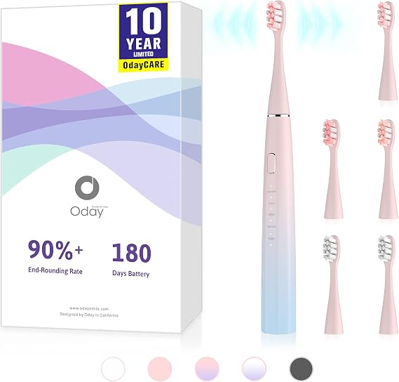 Oday N9000 Sonic Electric Toothbrush, 90% End-Rounding, 2,000 mAh Battery (180 Days), IPX7 Waterproof, 43,000 VPM (2nd Gen. 3S Sonic Motor), 5 Modes with Smart Timer, 6 Brush Heads