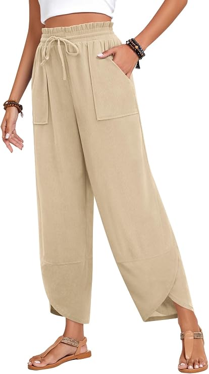 Anyhold Womens Wide Leg Palazzo Pants Baggy Casual Elastic Waisted Summer Lounge Pants with Pockets