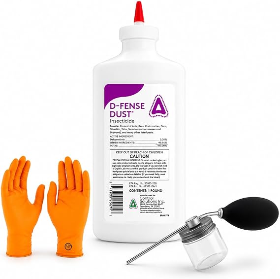 Defense Dust Insecticide Long-Lasting, Moisture-Resistant Pest Control for Indoor & Outdoor Use (1 lb) | Includes Puffer | Premium USA Supply Gloves for Safe Eradication