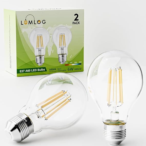 A60 E27 LED Vintage Light Bulbs Natural White 4000K, 6W Edison Screw LED Filament Bulb 60W Equivalent, Energy Saving Non-Dimmable 980LM 2Pack [Energy Class C]