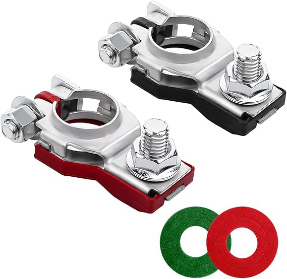 Car Battery Terminal Connector, 1 Pair Top Post Battery Cable Terminal Clamp Set with 2PCS Washers, Positive Negative Auto Cable Post Adapter, Compatible with Automobile Truck RV (Red/Black)