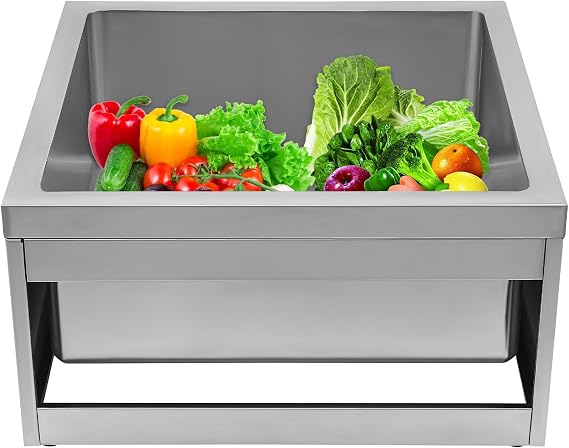 Stainless Steel Mop Sink, Utility Floor Mount Mop Basin Single Bowl Basin Sink Rapid Drainage Filter Basket Smooth Edges Anti-Slip Plastic Feet for Washing Vegetables, Fruit, Pots
