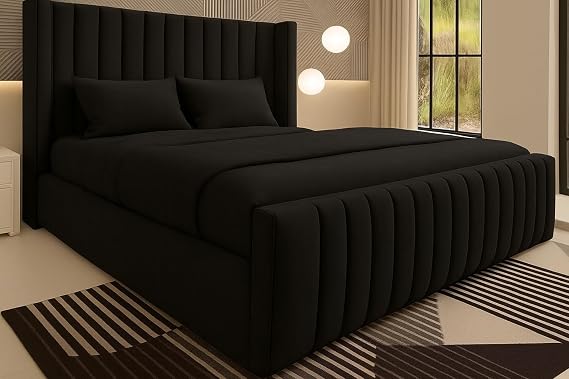 Luxury Chesterfield Winged Panel Bed Frame |- Double King Superking Sizes - Optional Gas Lift & Mattress - UK Made (Black Plush, Double 4ft6 with Mattress)