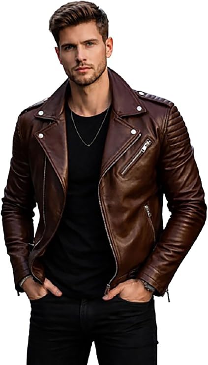 Men's Classic Biker Leather Jacket Slim Fit Motorcycle Style