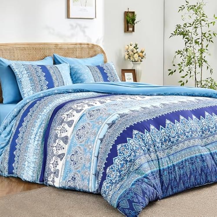 Boho Queen Comforter Set Blue - 7 Pieces Bed in a Bag Floral Striped Comforter and Sheet Set, Soft Microfiber Bohemian Bedding Sets Queen Size for All Season Blue,Queen