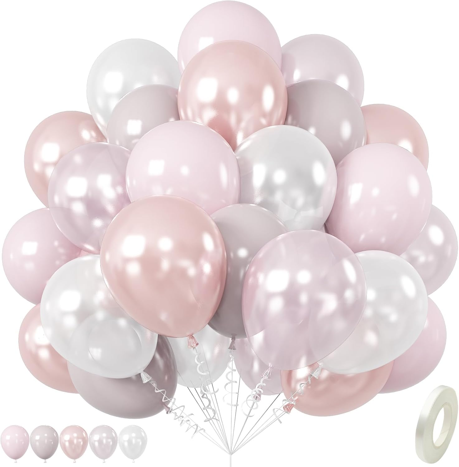 Pearl Pink Balloons, 12 Inch Pink and White Balloons, Double-Stuffed Pearl Party Balloon and White Latex Balloon for Girls Women Birthday Wedding Bride Party Decorations