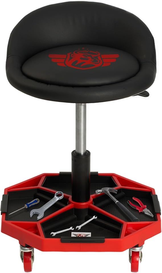 BullsArmor Medium Rolling Mechanic Chair with Backrest - Swivel Seat with Multi-Compartment Removable Tray Adjustable Height 20"-26" - 320LBS Capacity Rolling Design for Workshop - Red