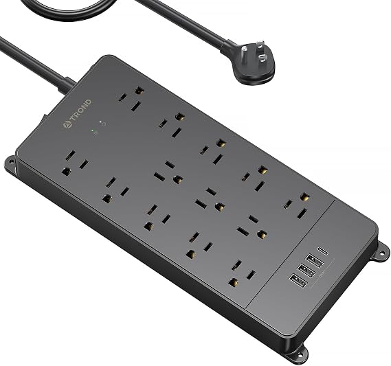 TROND Power Strip Surge Protector 10ft Cord, 4000J, 4 USB, ETL Listed,Black | 13 Widely-Spaced Outlets Expansion with USB C Ports, Low-Profile Flat Plug, Wall Mount, Extension Cord, 14AWG Heavy Duty