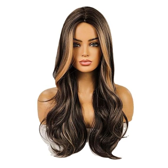 Brown Wigs for Women Long Wavy Curly Synthetic Wigs Middle Part Blonde Highlights Hair Wigs Loose Wavy Wigs Heat Resistant wig