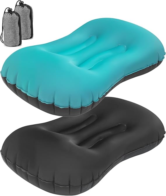 2Pack Inflatable Camping Pillows, Camping Pillow for Neck and Lumbar Support, Ultralight TPU Travel Pillow with Quick Inflate/Deflate, Compact for Hiking, and Car Travel (Black & Blue)