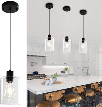 3 Pack Black Pendant Lights Kitchen Island, Modern Glass Pendant Lighting Over Island Kitchen Hanging Bathroom Ceiling Light Fixtures Adjustable Pendant Lights for Dining Room Hallway Bedroom