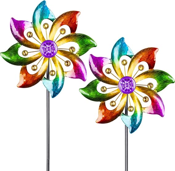 DREAMYSOUL 2 Packs Outdoor Metal Wind Spinner, Colorful Pinwheels for Yard and Garden, Kinetic Rainbow Spinner Wind Sculpture Garden Decor