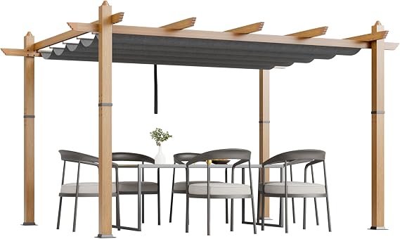 10x13 Ft Outdoor Retractable Pergola Aluminium Pergola Canopy with Adjustable Roof, Upgraded Faux Wood Grain Modern Metal Patio Pergola for Deck, Backyard Garden, Porch, Grape Trellis, Grey