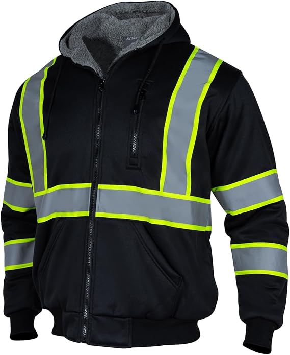 Men's High Visibility Fleece Lined Safety Hoodie,Reflective Winter Bomber Jacket,Hi Vis Construction Workwear