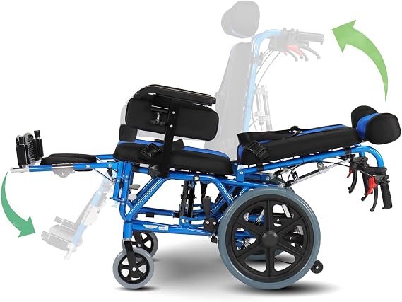 Lightweight Foldable Wheelchair Fully Lying Reclining Pediatric Wheelchair, Adjustable Footrests for Children All-Terrain 15in Seat Width