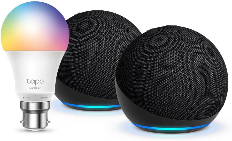 Echo Dot (5th generation) | Charcoal, 2-pack + Tapo L530BA Smart Light Bulb (B22), Works with Alexa - Smart Home Starter Kit, with Alexa+ Early Access
