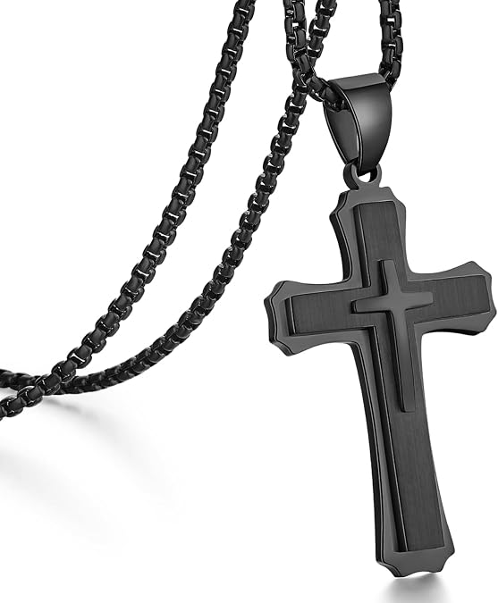Men's Cross Necklace 361L Stainless Steel Large Double Layer Cross Pendant Jesus Christ Necklace Jewelry for Men with Rolo Chain 22/24/26 Inch