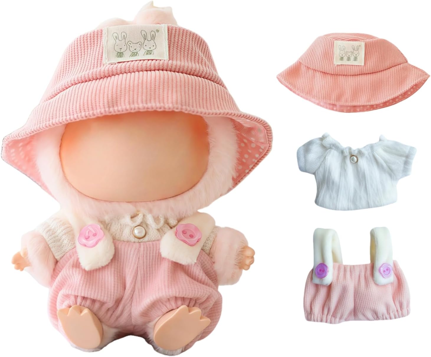 Clothes for Labubu Dolls Accessories, Cute Outfit Set 2 Pieces Bib Pants Suitable for 15 & 17cm La bubu Doll, Stylish Overalls Doll Hat Clothing Set Replacement PinkNo Doll