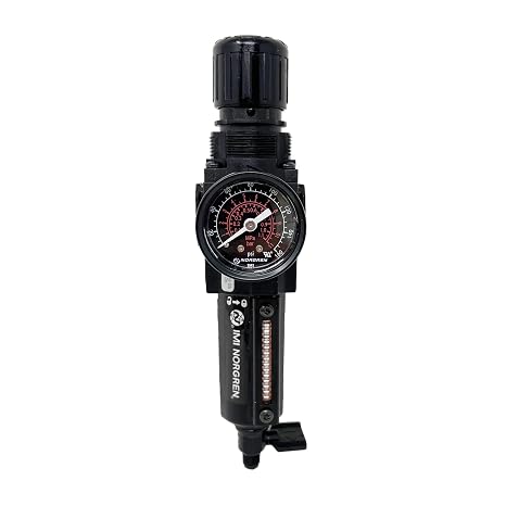 Norgren Excelon Combo Filter/Regulator, 1/4" NPT, Knob Adjust, Manual 1/4 Turn Drain, Short Metal Bowl, 40-Micron, Relieving, 5-150psi, with Gauge