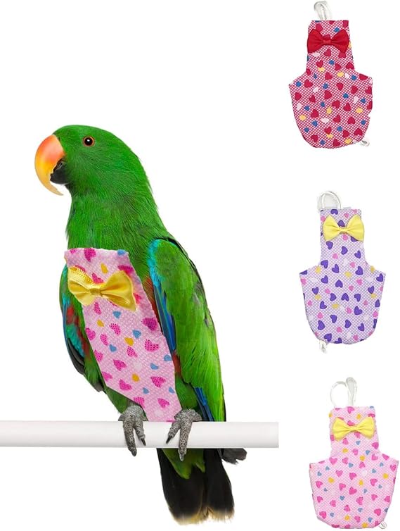 Bird Diapers Red Heart Pattern Washable Reusable Parrots Nappy for Budgie Parakeet Cockatiel 3 PCS