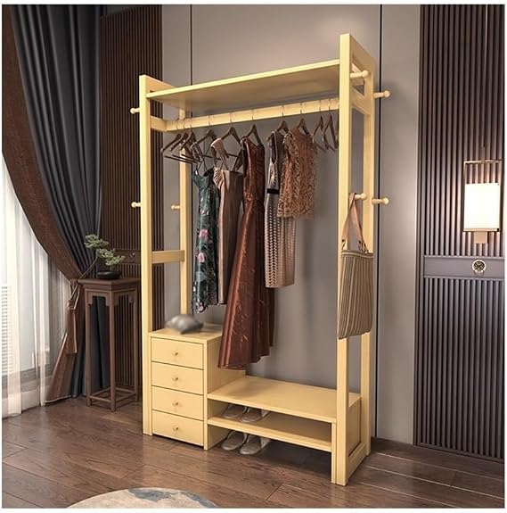 Free Standing Hall Tree Solid Wood Clothes Hanger Floor Bedroom Shoe Rack Living Room Coat Rack with Drawer Multifunctional New Chinese Style Storage Rack Entryway Coat Stand(Wood)
