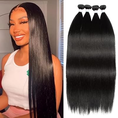 NOBLE HAIR 4 Synthetic Hair Bundles 24 Long Straight Hair Weave Heat Resistant Hair Weft for Black Women Soft as Real Hair 24 inch, 1BBlack