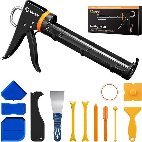 Saker Caulk Gun Kit, Manual Caulking Gun with 11-in-1 Caulking Tool Set, Silicone Sealant Finishing Tools, Grout Scrapers & Shapers with Masking Tape for Bathroom, Kitchen, Window & Home Repair
