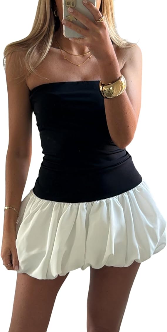 Women Sexy Strapless Mini Dresses Y2K Summer Tube Vacation Bubble Skirt Ballet Short Party Club Prom Beach Dresses