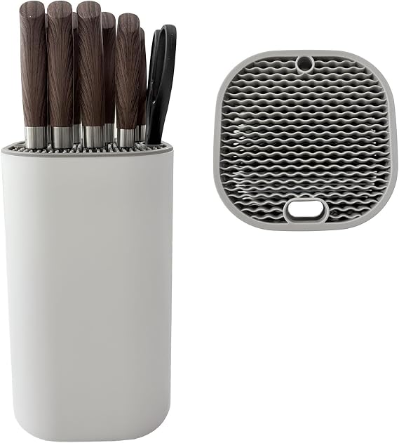 Knife Holder, Universal Knife Block without Knives Square Shape White Kitchen Knife Storage Can Hold Up to 21 Knives(Not include) With Scissors & Sharpening Rod Slots Space Saving Empty Knife Stand