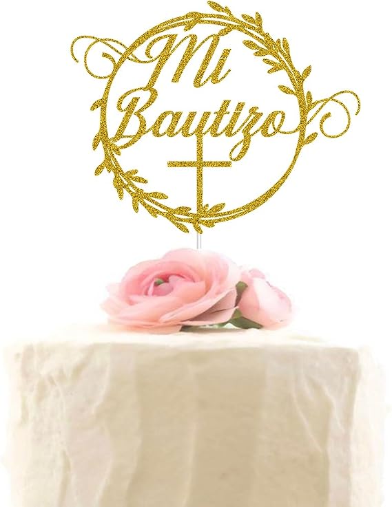 Mi Bautizo Cake Topper, Spanish Bapstim Cake Decor for Baby Shower 1st Birthday Party Decorations, First Holy Communion, God Bless, Gold Glitter