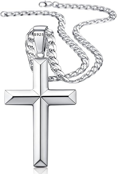 Fansilver 925 Sterling Silver Cross Necklace for Men Women,5 mm Diamond-Cut Cuban Link Chain,Mens Silver Crucifix Cross Pendant Necklace Jewelry 18-30 Inches