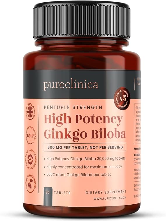 pureclinica Ginkgo Biloba 600mg of 50:1 Extract (24% Flavone Glycosides, 6% Terpene Lactones) 90 Tablets 3 Months Supply Made in UK