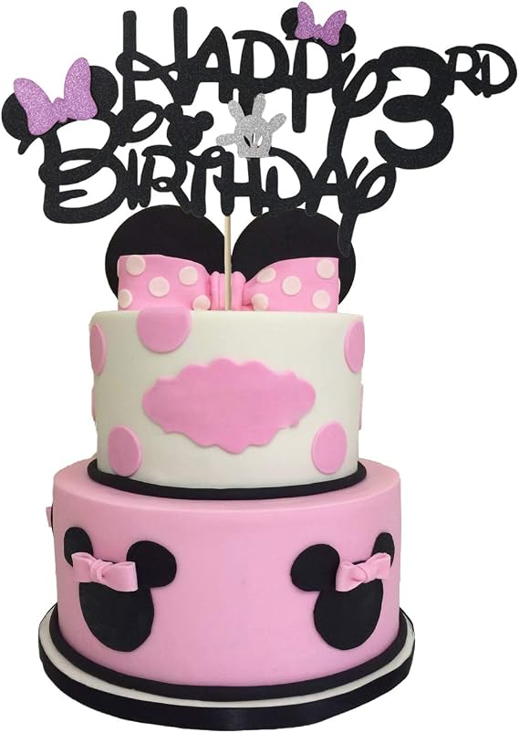 Glitter Carton Mouse Happy Birthday 3rd Cake Topper, Cake Topper 3 Year Old with Pink Bow Tie for Carton Moues Themed Baby Girls Kids Third Birthday Party Cake Supplies Decoration (Double-sided)