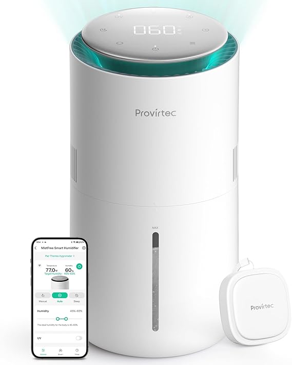 Provirtec MistFree Smart Humidifier for Bedroom, Evaporative Humidifier No White Dust, Auto Humidity & APP Control, 3L Water Tank Easy to Clean, Sleep Mode, Timing, Humidifiers for Nursery/Baby(White)