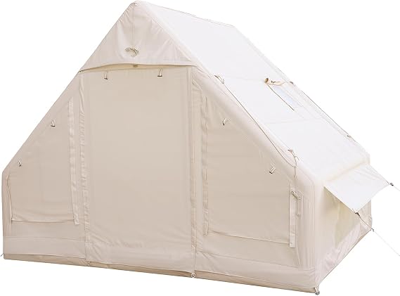 Inflatable Camping Tent for 2-4 Person, TC Cotton Canvas Blow Up Tent with Skylight & Stove Jack Glamping Tent for Family Camping, Festivals & Outdoors
